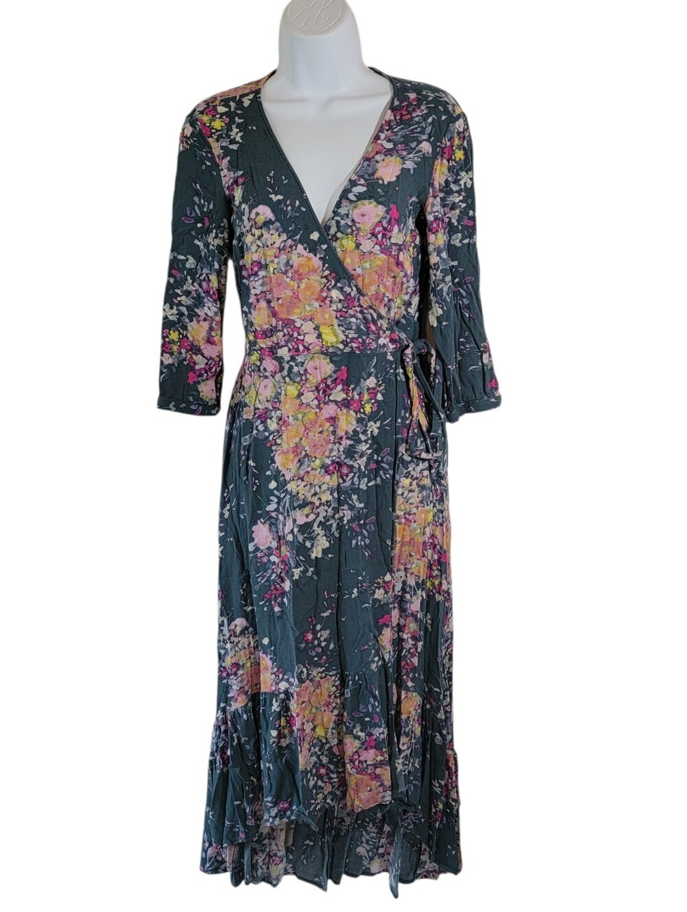Lovestitch Green Floral Ruffle Hem Wrap Dress Sz M Cottagecore Fairy Grunge Boho
